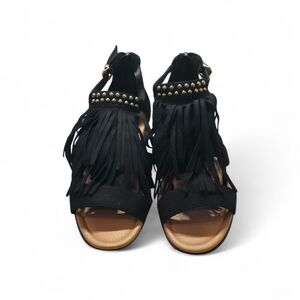 Comfortview Black Fringe Sandals with Gold Studs